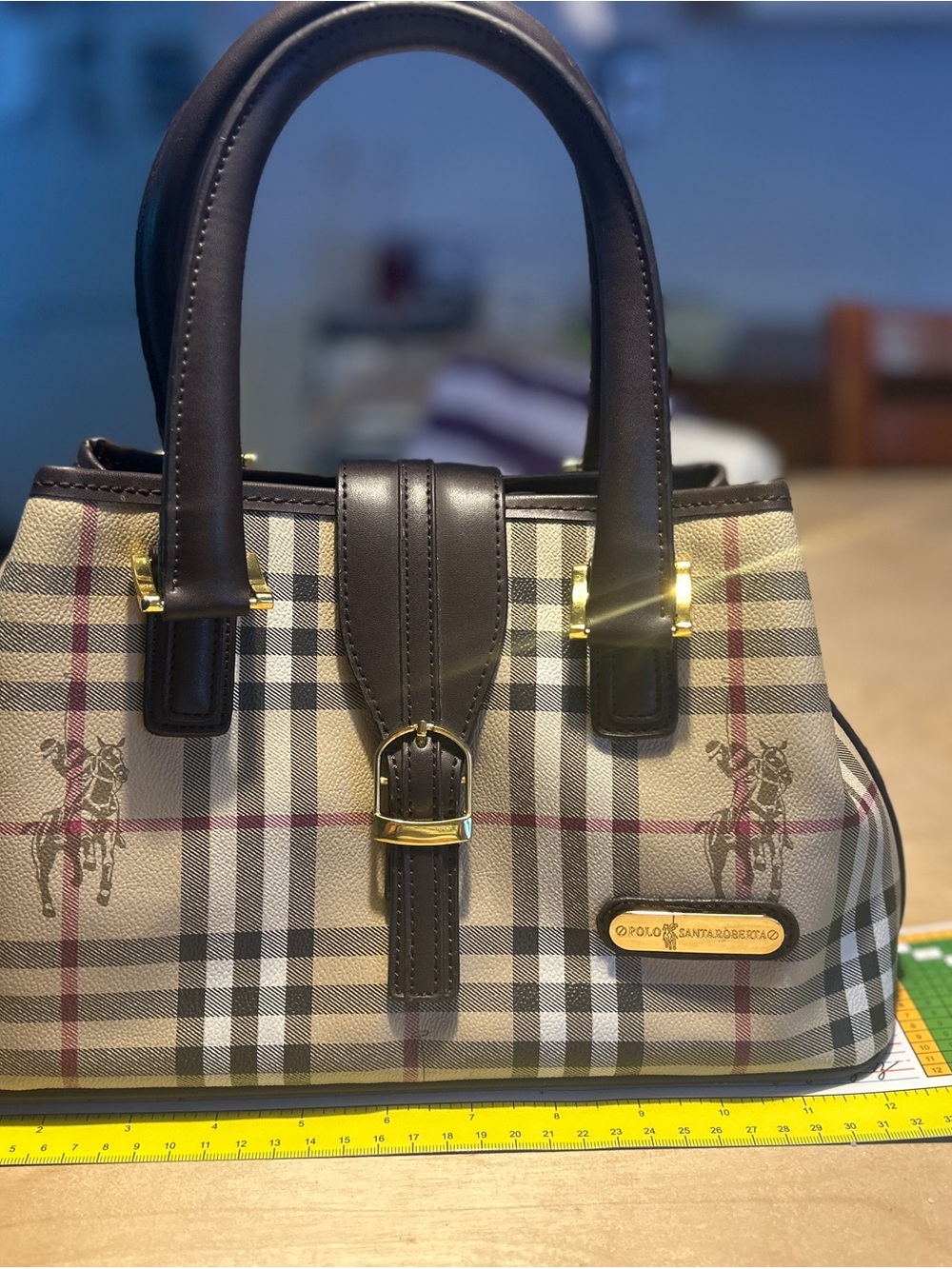 Polo by Ralph Lauren Beige Plaid Satchel with Dark Brown Trim